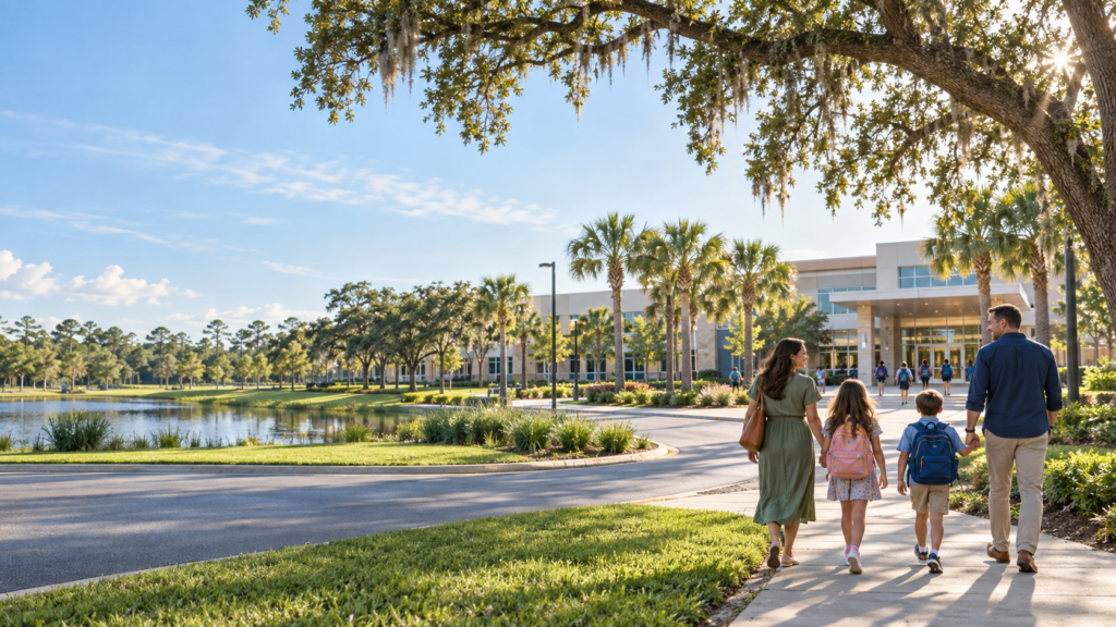 Family walking children to a modern school campus in St Johns County Florida