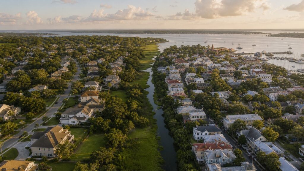 Aerial view of Northeast Florida suburbs beside a historic waterfront town at sunset
