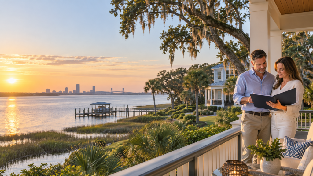 Jacksonville riverfront homeowners reviewing property documents at sunset